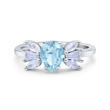 Teardrop Pear Art Deco Wedding Engagement Ring Simulated Aquamarine CZ 925 Sterling Silver